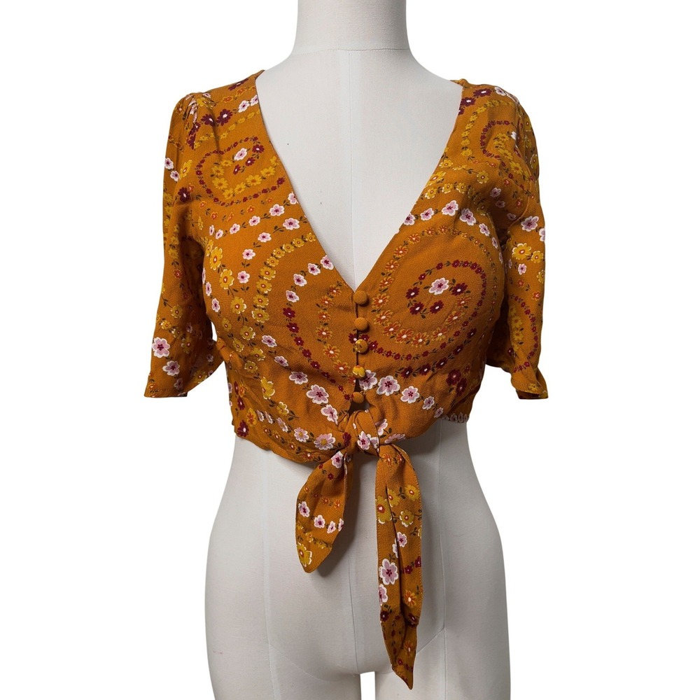 Forever 21 Mustard Yellow Floral Tie‎ Front Crop Top Short Sleeve Small